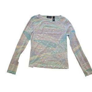 Womens Sheer Mesh Abstract Sequin Top Pastel Fairycore Dreamy Y2K 90s Medium